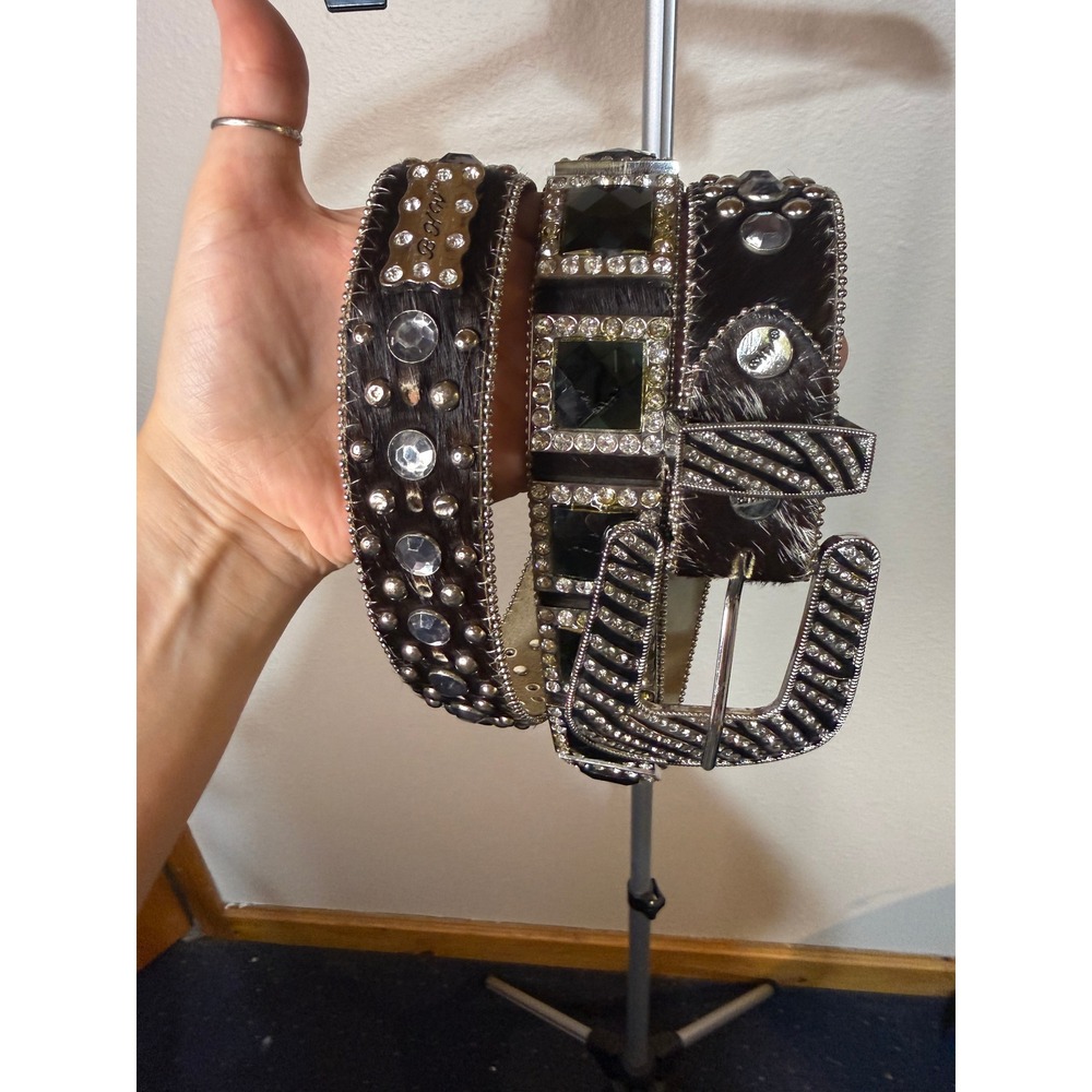 B.B. Simon BHW Black Pony Hair Crystal Studded Western Belt Silver Buckle 51in